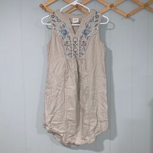 Knox Rose Linen-Blend Tan and Blue Embroidered Dress Size Small
